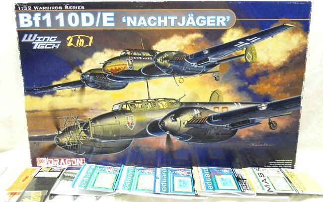 Dragon 1/32 Messerschmitt Bf-110 D/E Nachtjager With ABER Armament Set / Quickboost Exhaust / 5 Eduard Sets / EagleCals - Wing Tech Issue - (Bf110D/E), 3210 plastic model kit